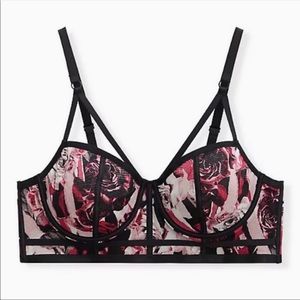 NWT! Torrid size 2 Mesh Strappy bralette black pink rose pattern